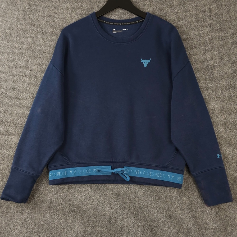 Under Armour Project Rock Sweatshirt Womens L Blue Charged Cropped Tie Hem FLAW